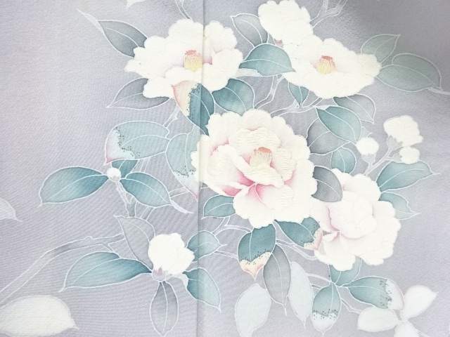  手描き友禅　椿模様刺繍訪問着